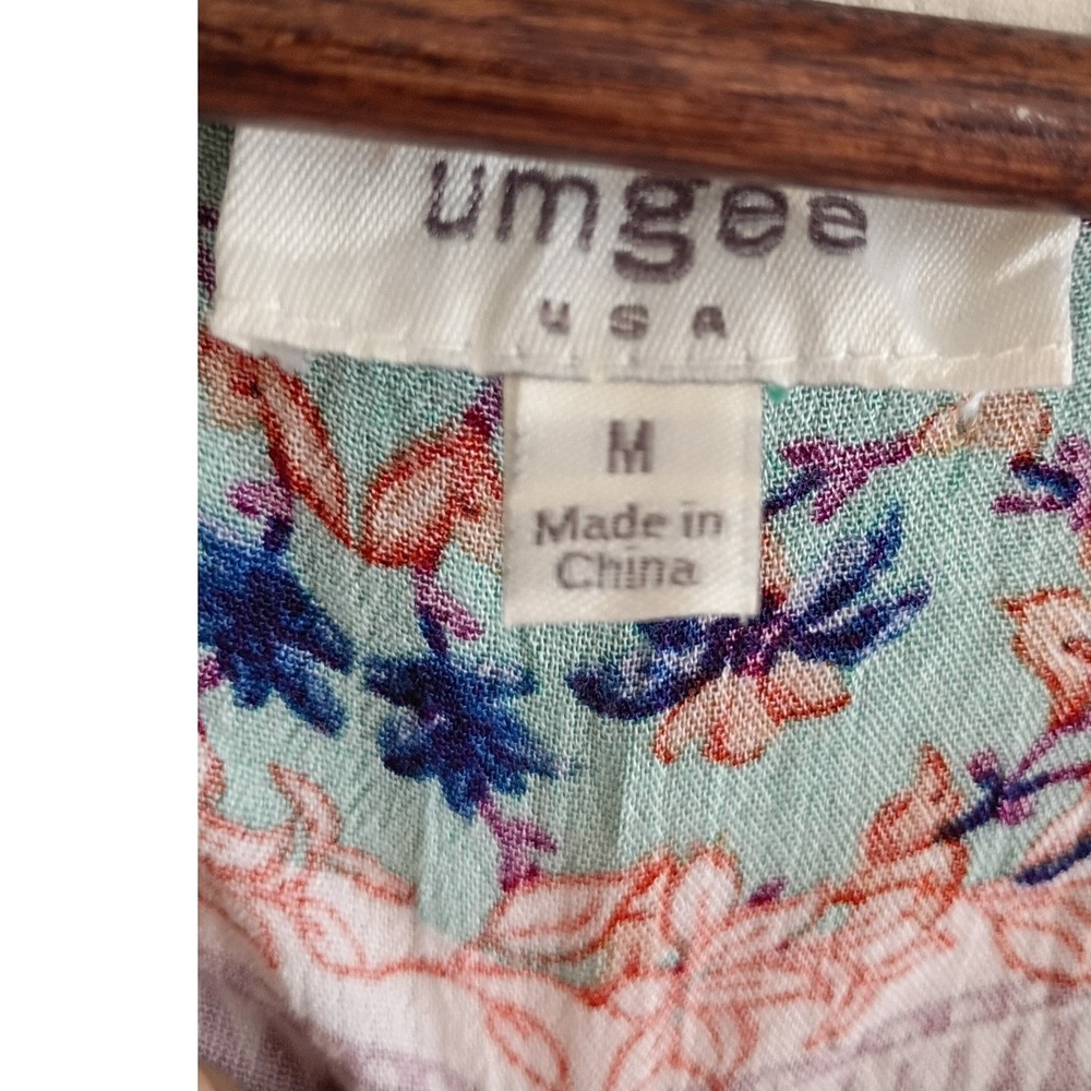 Umgee Boho Floral Babydoll Tunic Top Blue Mixed Print Puff Sleeve Pockets M - Picture 6 of 7